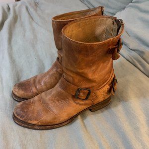Frye Brown Leather Ankle Boot Size 8.5 B with Buckles and Zippers